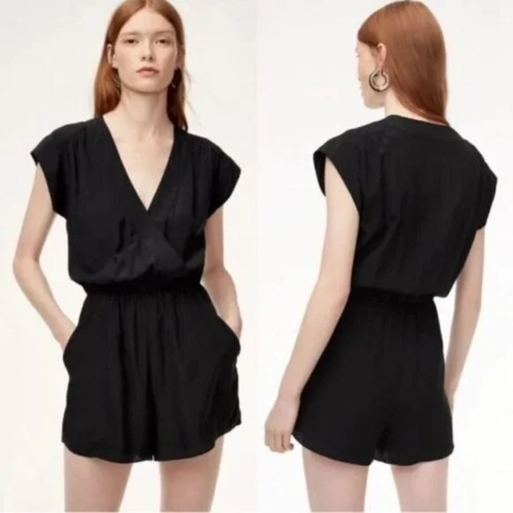 Aritzia Babaton Corbett Relaxed Black Silk Romper Cap Sleeve Wrap Front Size XS